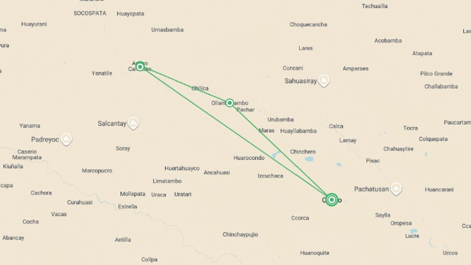 A map showing the tour itinerary for the trip: Inca Trail Express, starting in Cusco, Peru and ending in Cusco, Peru going through 4 other destinations.