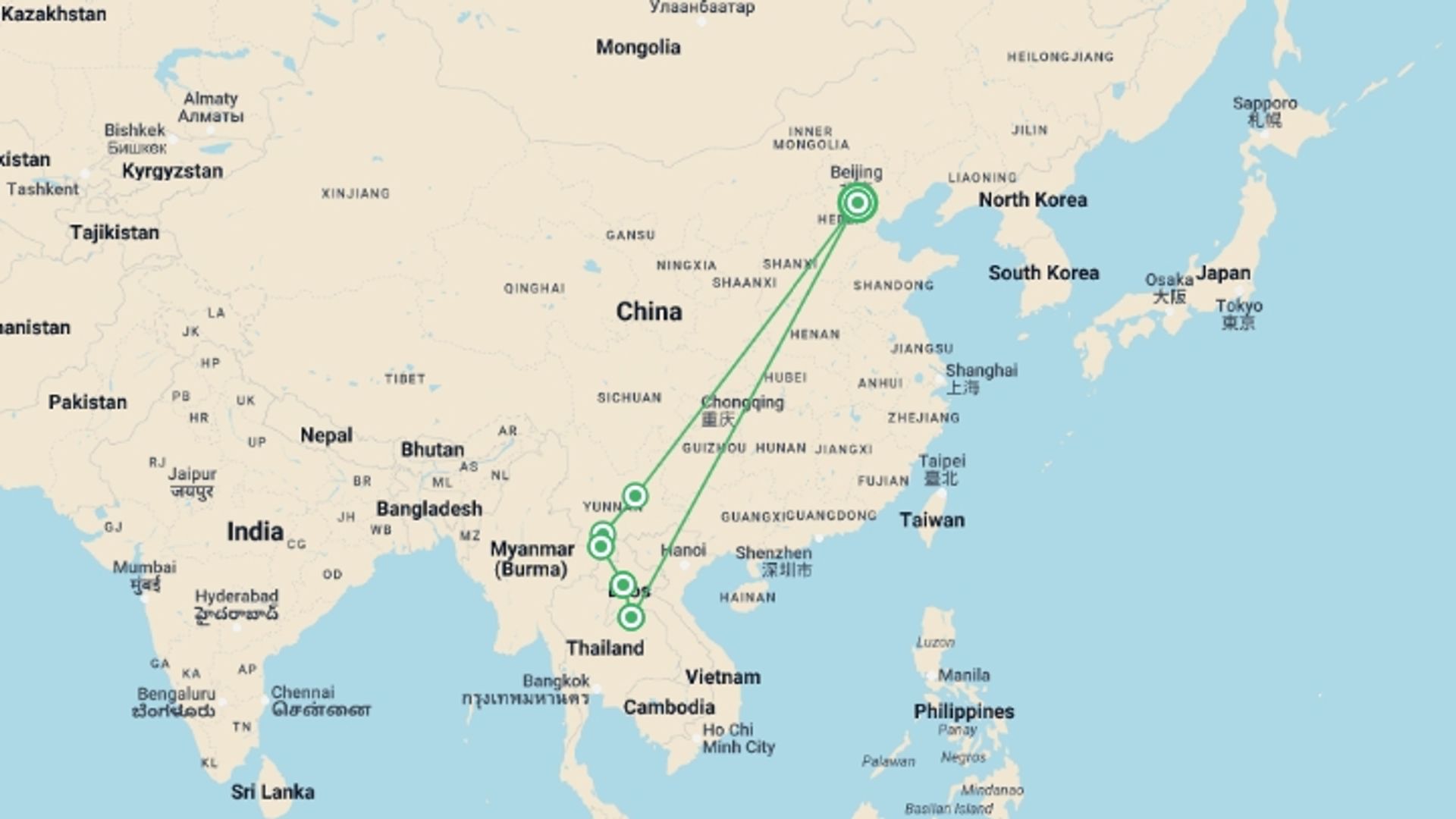 A map showing the tour itinerary for the trip: From Imperial Majesty To Lush Landscapes: Beijing To Laos Exploration Tour, starting in Beijing, China and ending in Beijing, China going through 5 other destinations.