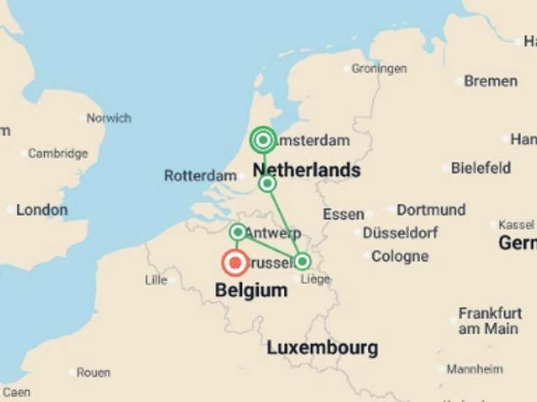 Map itinerary of Europe Tour in April 2027 with 5 destination visits for the trip: Holland & Belgium at Tulip Time (2027)