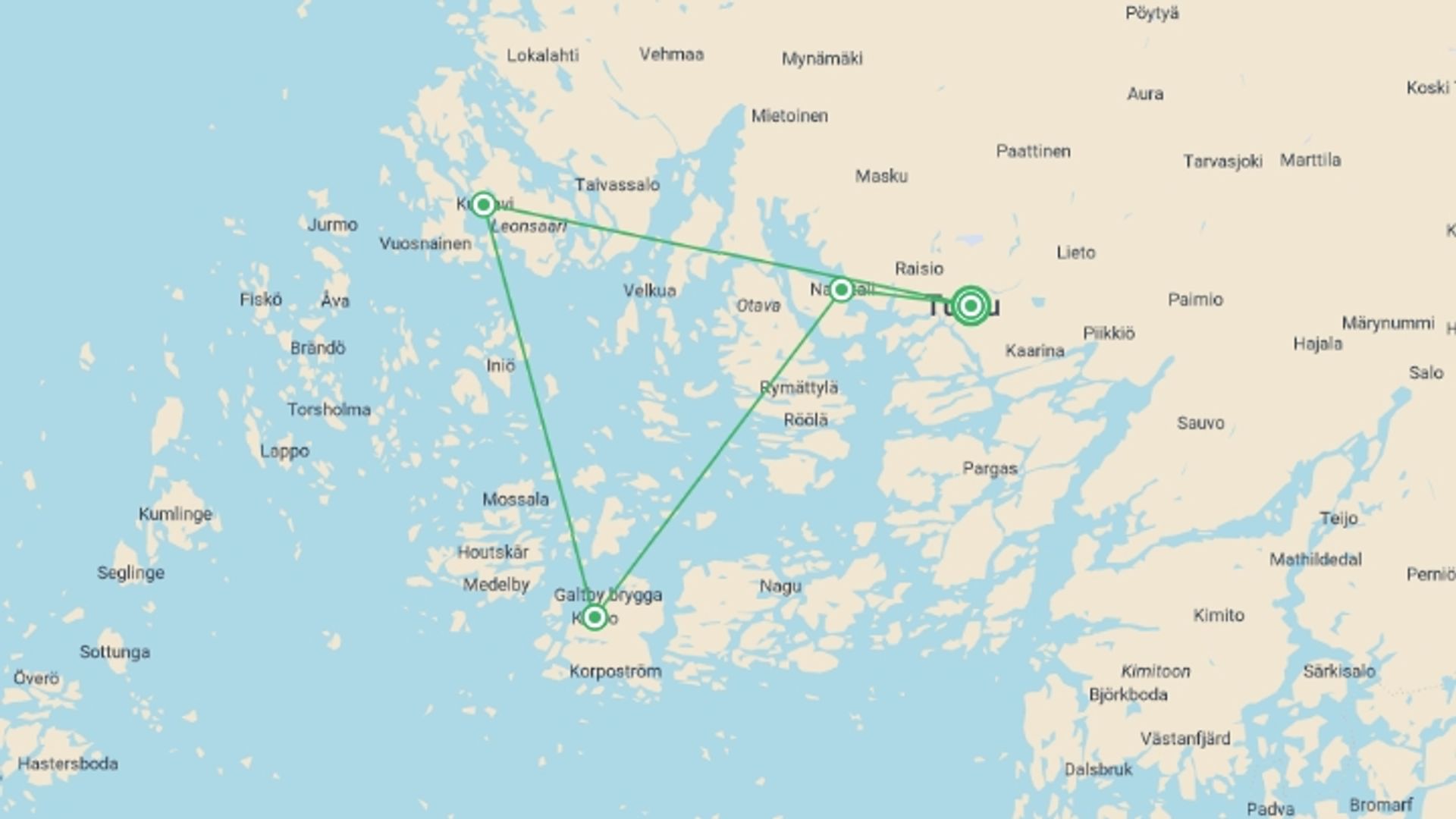 A map showing the tour itinerary for the trip: Finland's Turku Archipelago Cycle, starting in Turku, Finland and ending in Turku, Finland going through 3 other destinations.