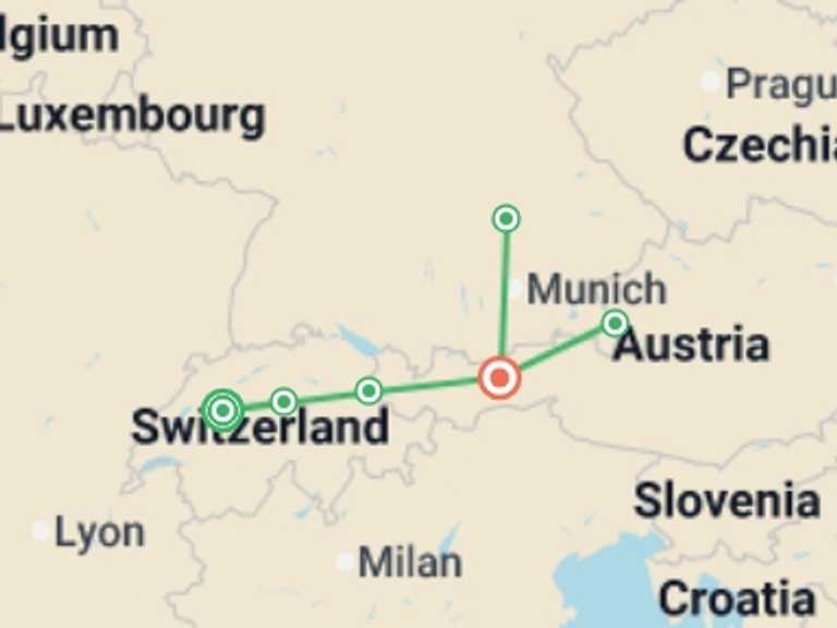 Map of Lucerne Tour with 4 destination visits for the trip: Discover Switzerland, Austria & Bavaria 