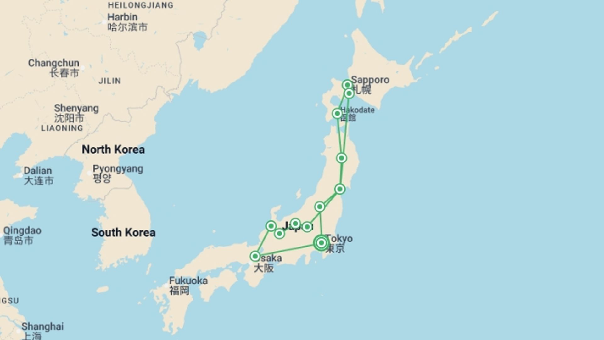 A map showing the tour itinerary for the trip: Sakura Dreams, starting in Tokyo, Japan and ending in Tokyo, Japan going through 11 other destinations.