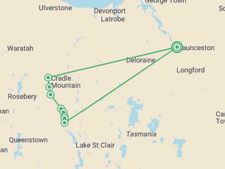 Map of Oceania Trekking and Hiking Tour with 6 destination visits for the trip: Trek the Cradle Mountain Overland Track