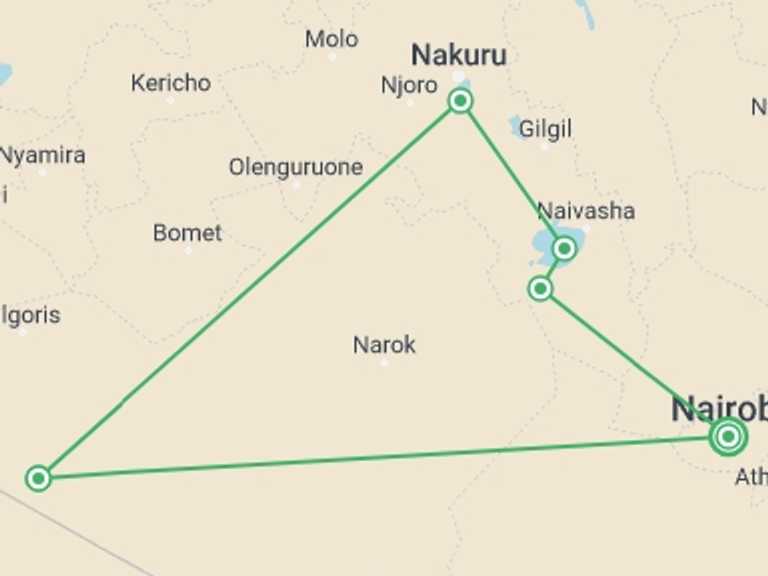Map of Nairobi Wildlife Tour with 5 destination visits for the trip: Hell's Gate, Naivasha, Nakuru and Maasai Mara Safari