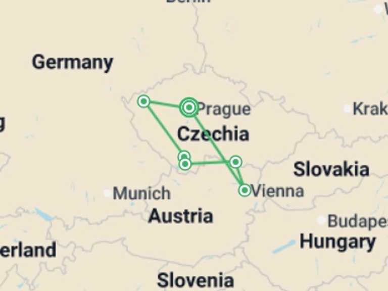 Map itinerary of Europe Tour in January 2027 with 7 destination visits for the trip: Prague & Czechia UNESCO Tour – 10 Days with Vienna