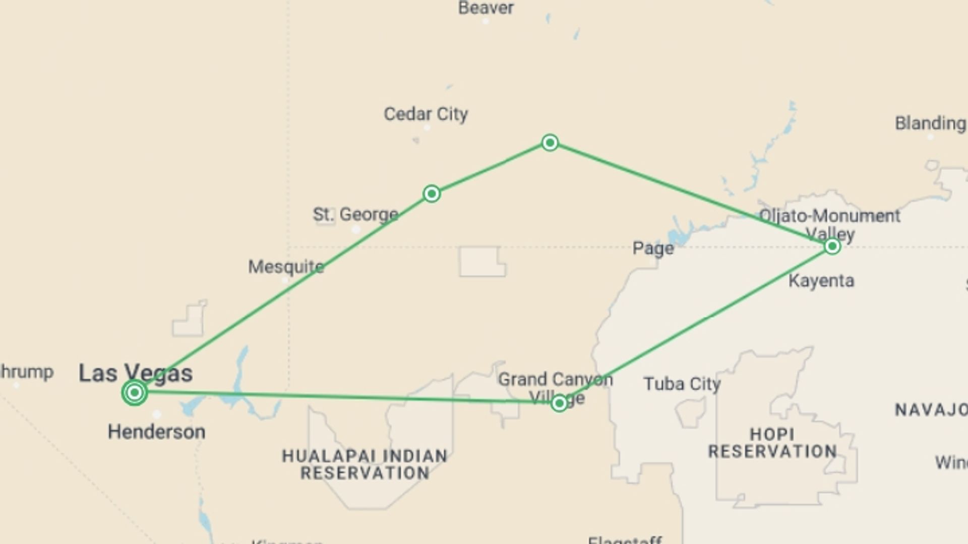 A map showing the tour itinerary for the trip: Canyons and Navajo Lands, starting in undefined, USA and ending in undefined, USA going through 1 other destinations.
