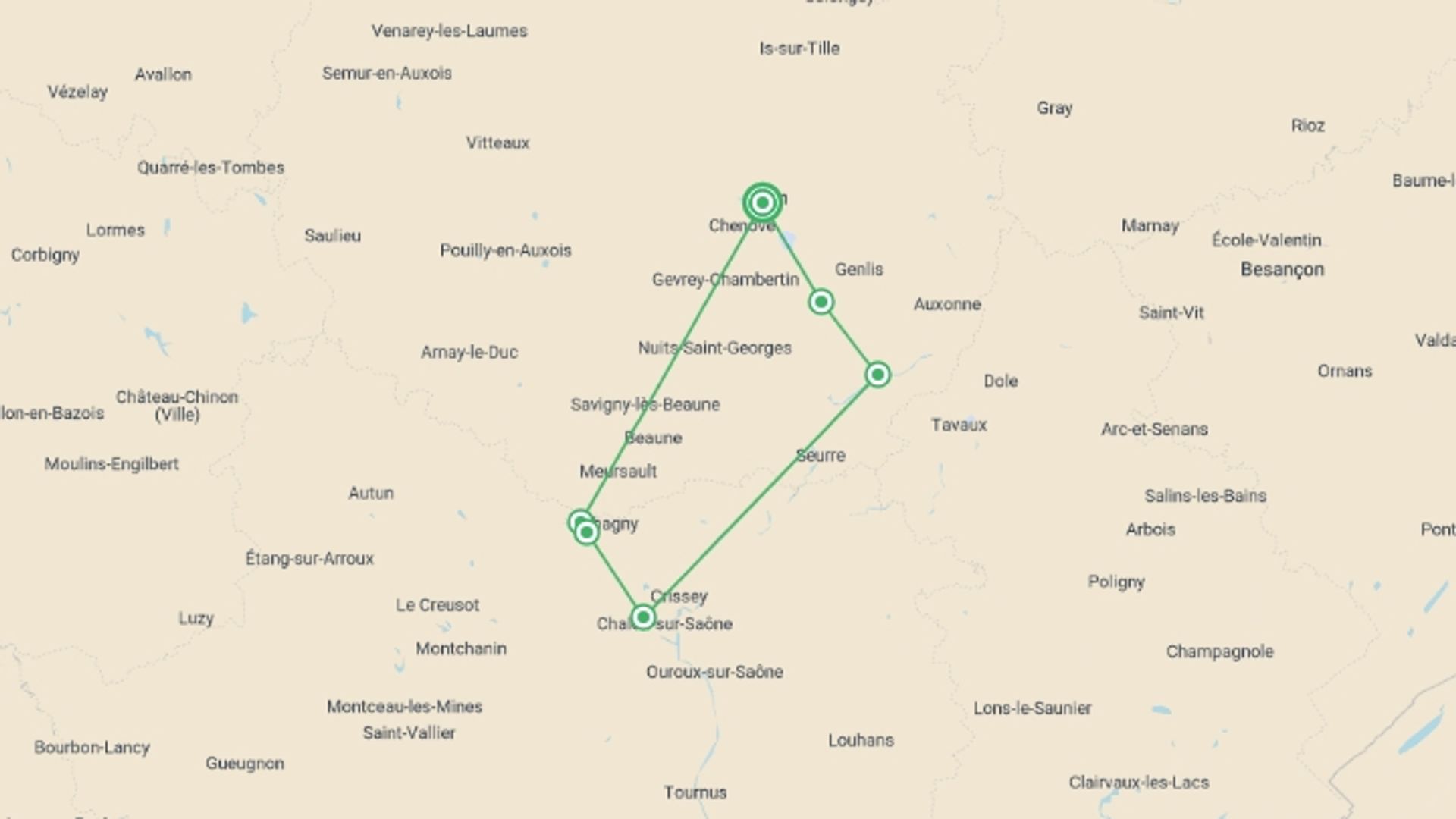 A map showing the tour itinerary for the trip: Fine Food and Wines on a Cruise through the Burgundy Region (port-to-port cruise), starting in Dijon, France and ending in Dijon, France going through 6 other destinations.