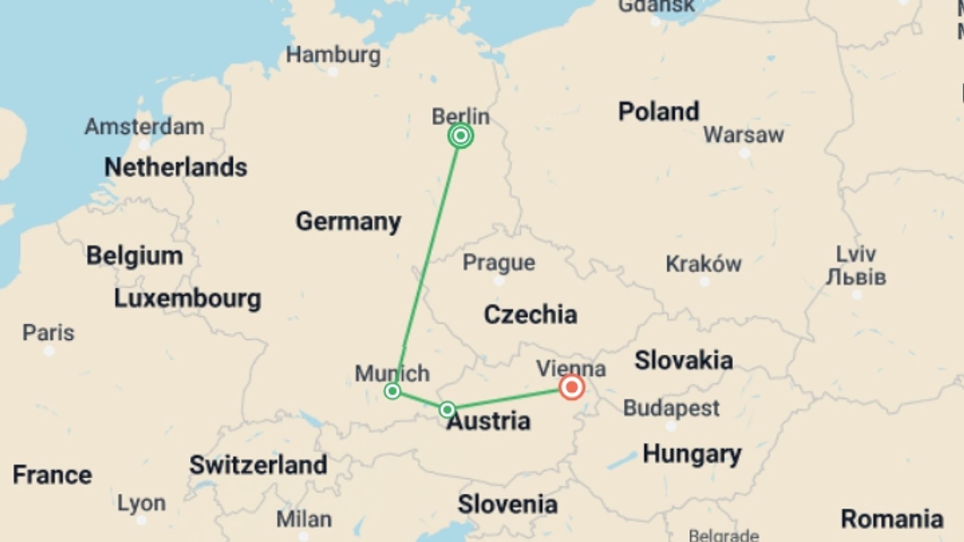 A map showing the tour itinerary for the trip: Christmas in Central Europe, Berlin to Vienna, starting in Berlin, Germany and ending in Vienna, Austria going through 2 other destinations.