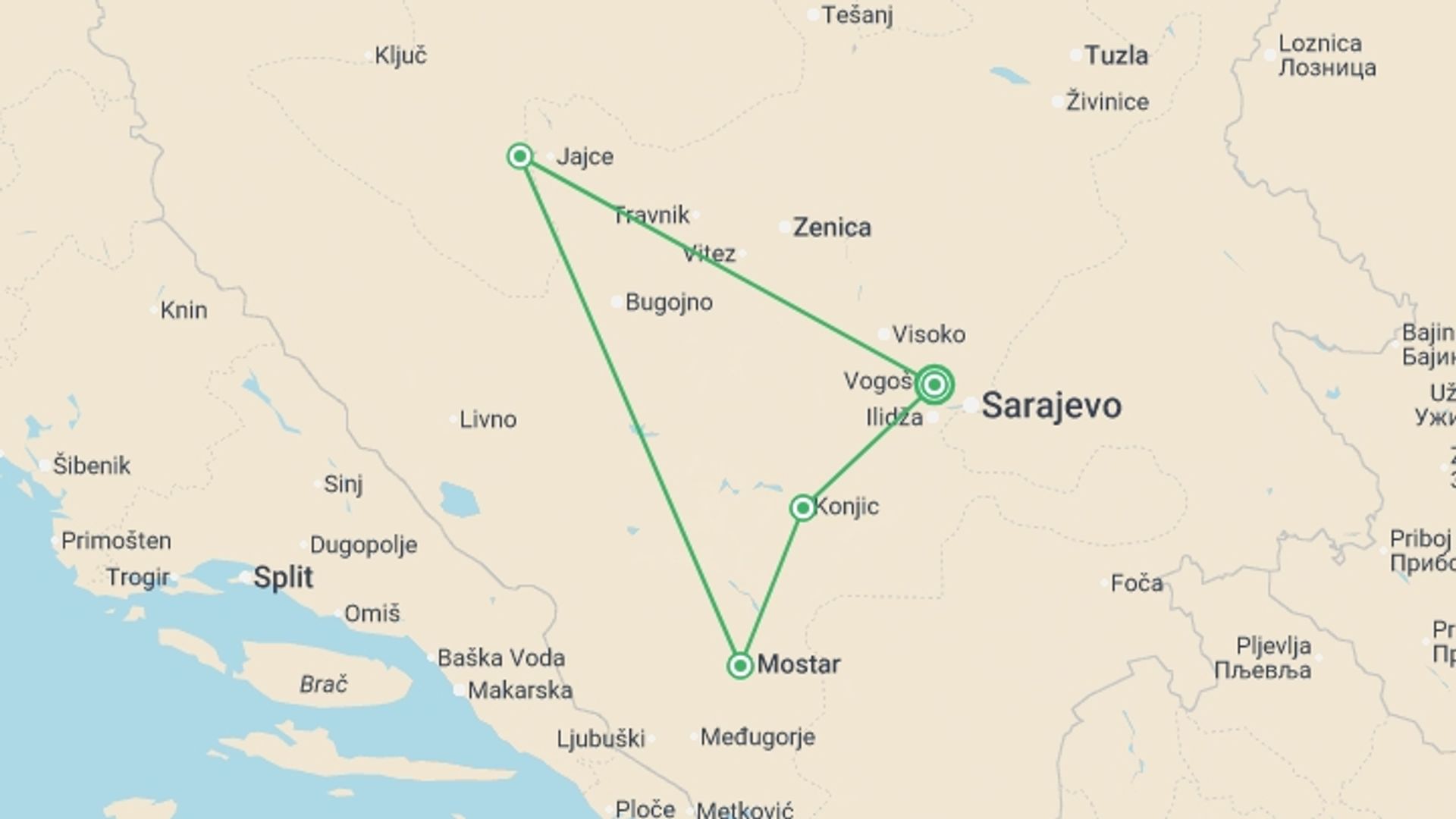 A map showing the tour itinerary for the trip: Bosnia & Herzegovina Adventure, starting in Sarajevo, Bosnia Herzegovina and ending in Sarajevo, Bosnia Herzegovina going through 3 other destinations.