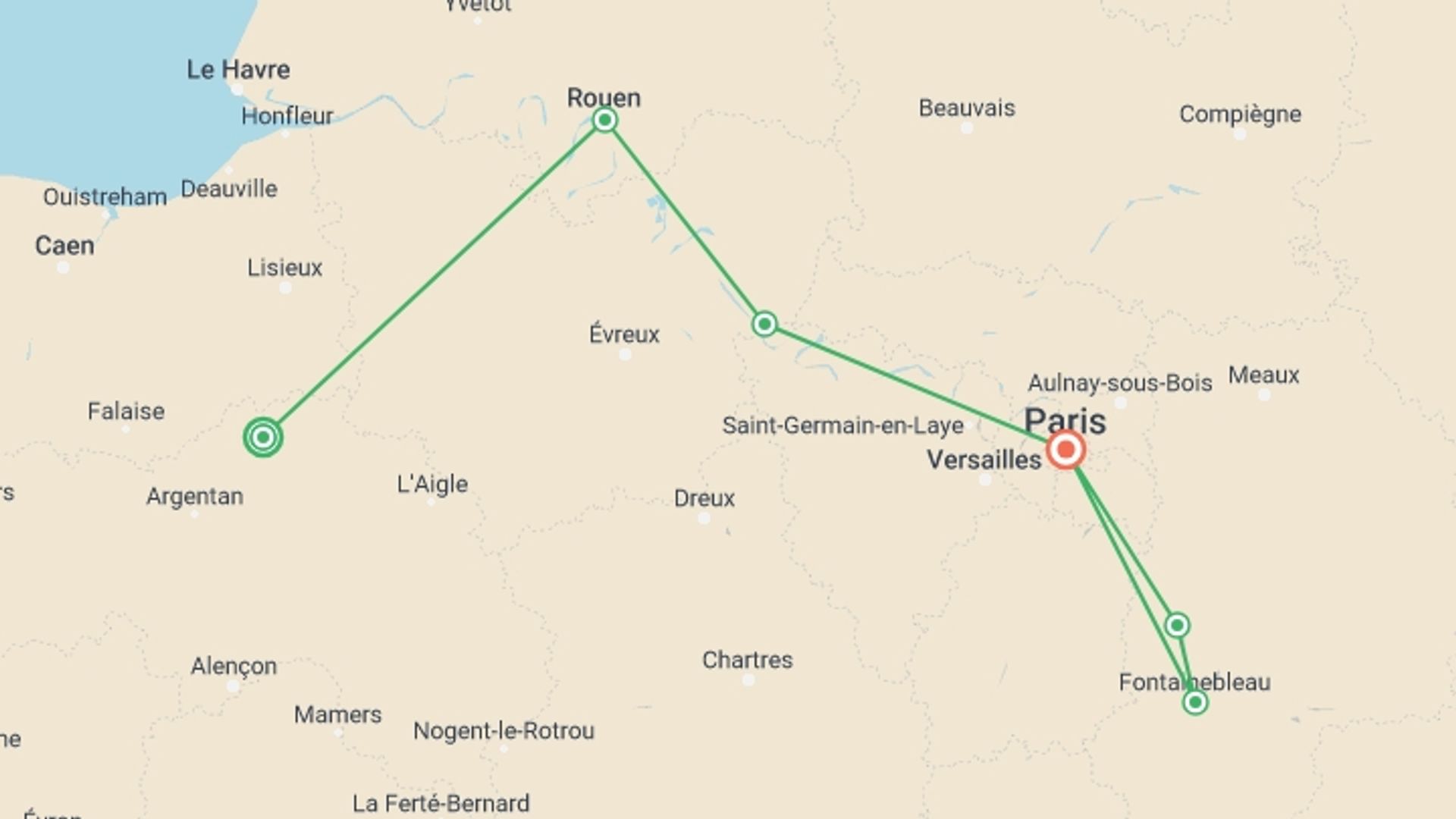 A map showing the tour itinerary for the trip: The Meandering Seine (port-to-port cruise), starting in Normandy, France and ending in Paris, France going through 2 other destinations.