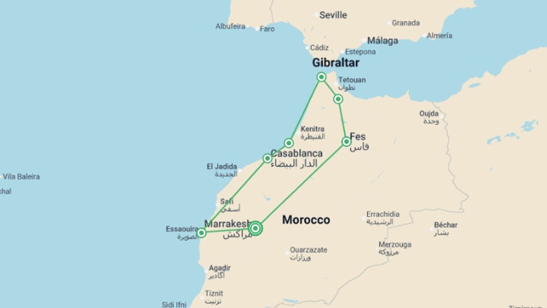 A map showing the tour itinerary for the trip: Classical Morocco - 14 days, starting in Marrakech, Morocco and ending in Marrakech, Morocco going through 6 other destinations.