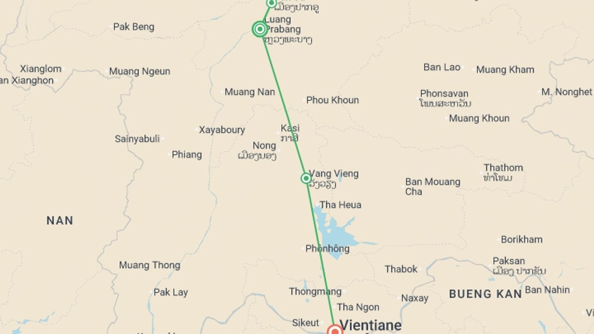 A map showing the tour itinerary for the trip: 7 Days Cultural Odyssey Laos, starting in Luang Prabang, Laos and ending in Vientiane, Laos going through 3 other destinations.