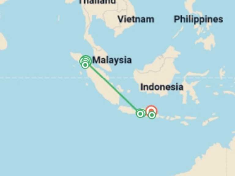 Map of Indonesia Tour with 10 destination visits for the trip: Highlights of Java & Sumatra