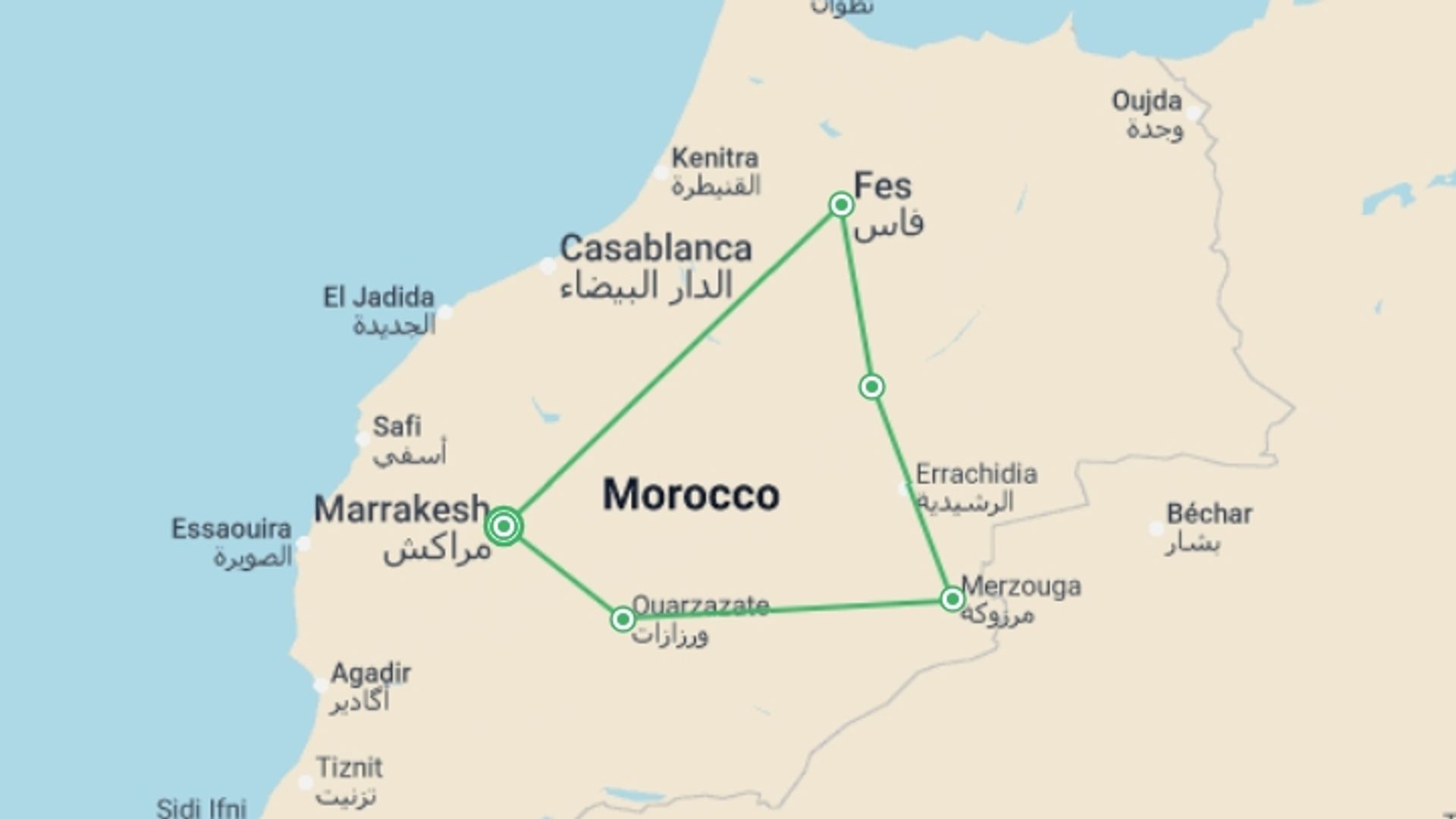 A map showing the tour itinerary for the trip: Sahara And Big South, Private Tour, starting in Marrakech, Morocco and ending in Marrakech, Morocco going through 5 other destinations.