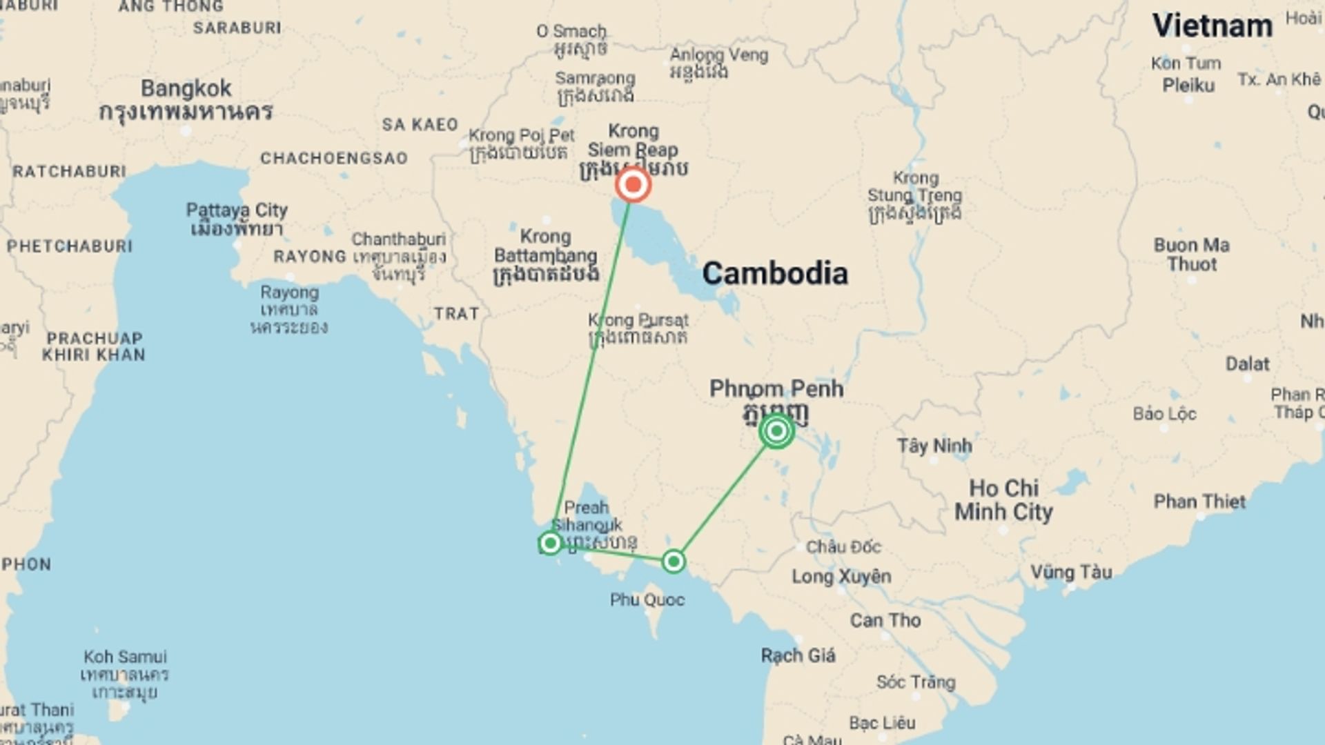A map showing the tour itinerary for the trip: Cambodia Intro, starting in Phnom Penh, Cambodia and ending in Siem Reap, Cambodia going through 2 other destinations.