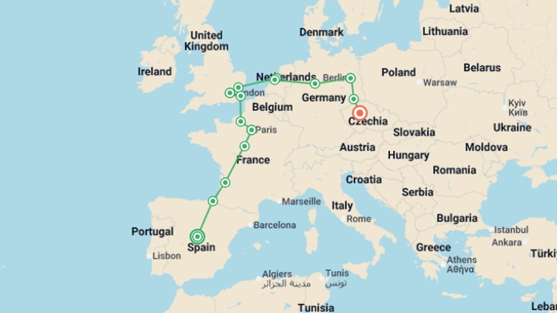 A map showing the tour itinerary for the trip: Great European Route, starting in Madrid, Spain and ending in Prague, Czech Republic going through 7 other destinations.