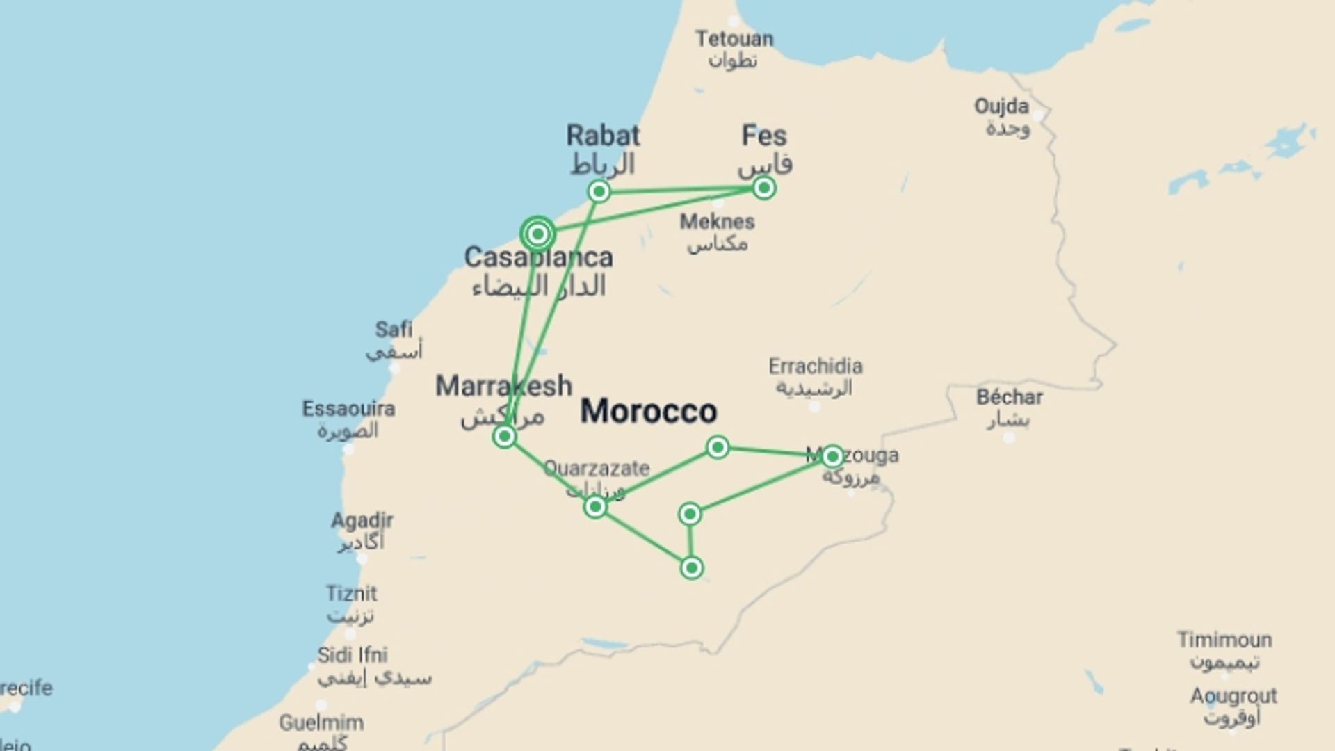 A map showing the tour itinerary for the trip: Discovery of Morocco, starting in Casablanca, Morocco and ending in Casablanca, Morocco going through 5 other destinations.