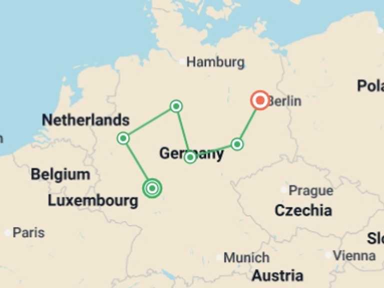 Map of Europe Explorer Tour with 6 destination visits for the trip: Tour of the Heart of Germany, Ending in Berlin