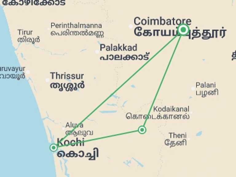 Map itinerary of Chennai Tour in September 2025 with 4 destination visits for the trip: Munnar Tea Estate - 4 days