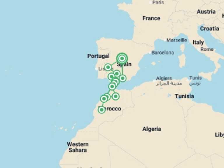 Map itinerary of Morocco Tour in March 2027 with 8 destination visits for the trip: Iberia to Morocco (Superior) - 13 days 