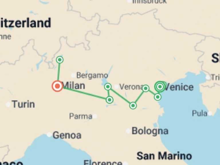 Map of Europe Tour with 5 destination visits for the trip: From the Canals of Venice to Renaissance-infused Mantua & Milan and Lake Como Extended Stay (port-to-port cruise)