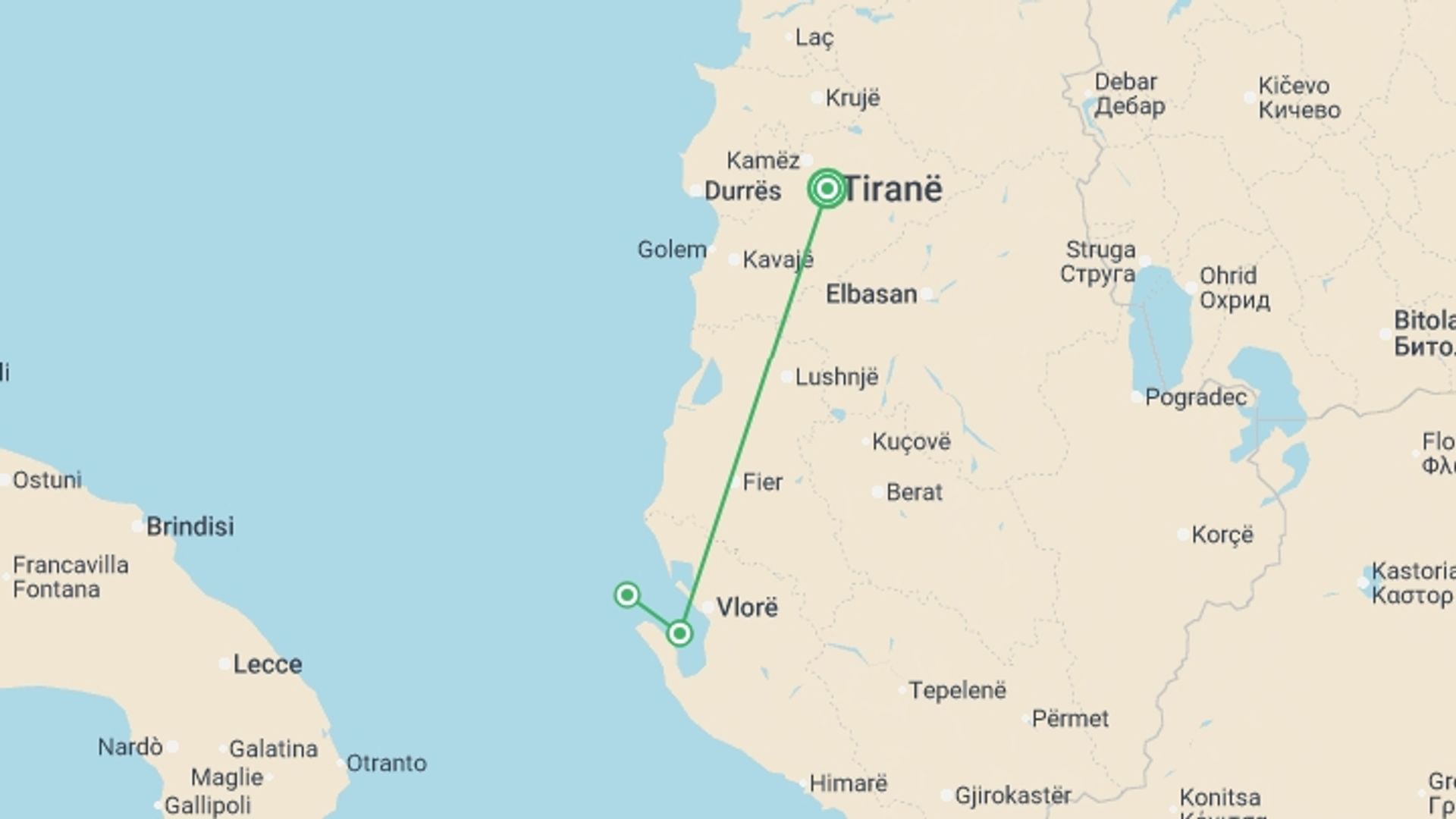 A map showing the tour itinerary for the trip: Family Albania Adventure, starting in Tirana, Albania and ending in Tirana, Albania going through 2 other destinations.