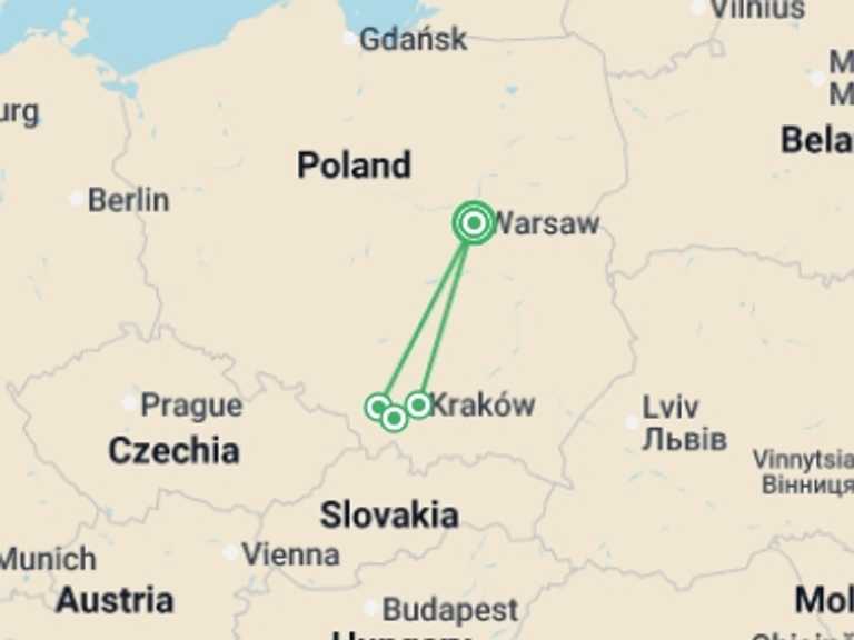 Map of Krakow Explorer Tour with 2 destination visits for the trip: Journey into Polish History and Culture