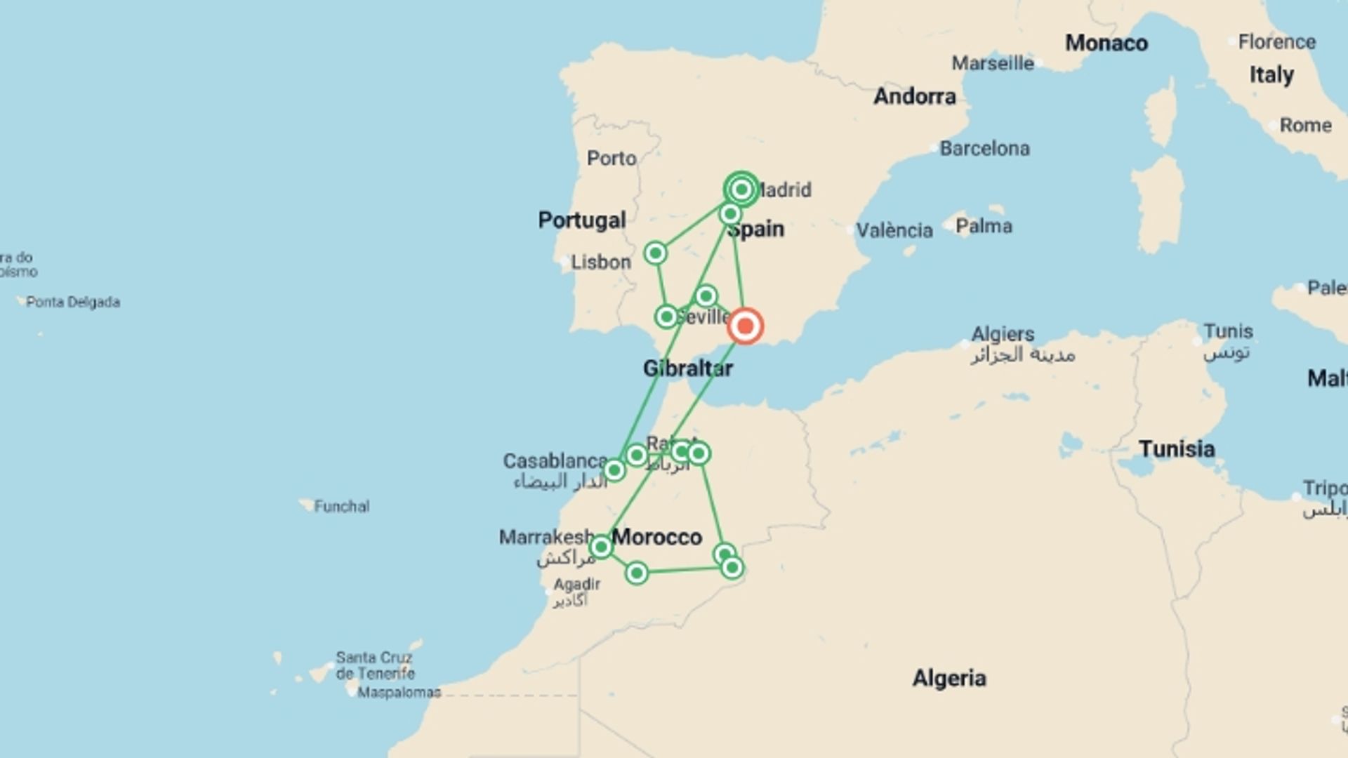 A map showing the tour itinerary for the trip: Amazing Spain and Morocco, starting in Madrid, Spain and ending in Granada, Spain going through 6 other destinations.