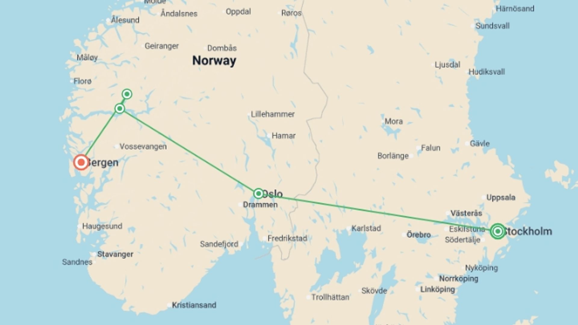 A map showing the tour itinerary for the trip: Magic of the Fjords Stockholm to Bergen - 9 days, starting in Stockholm, Sweden and ending in Bergen, Norway going through 3 other destinations.
