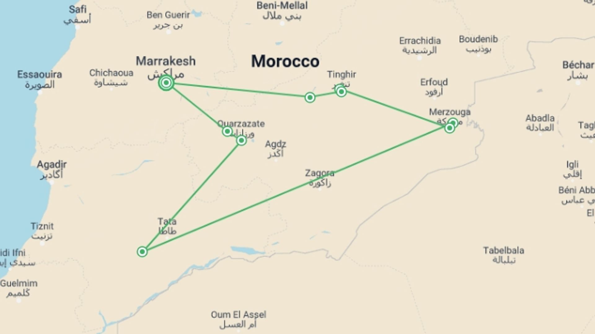 A map showing the tour itinerary for the trip: 5 day Morocco Itinerary: Best Outdoor activities , starting in Marrakech, Morocco and ending in Marrakech, Morocco going through 11 other destinations.