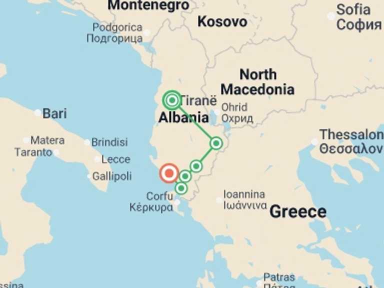 Map itinerary of Mediterranean Tour in May 2026 with 6 destination visits for the trip: E-bike Across Southern Albania