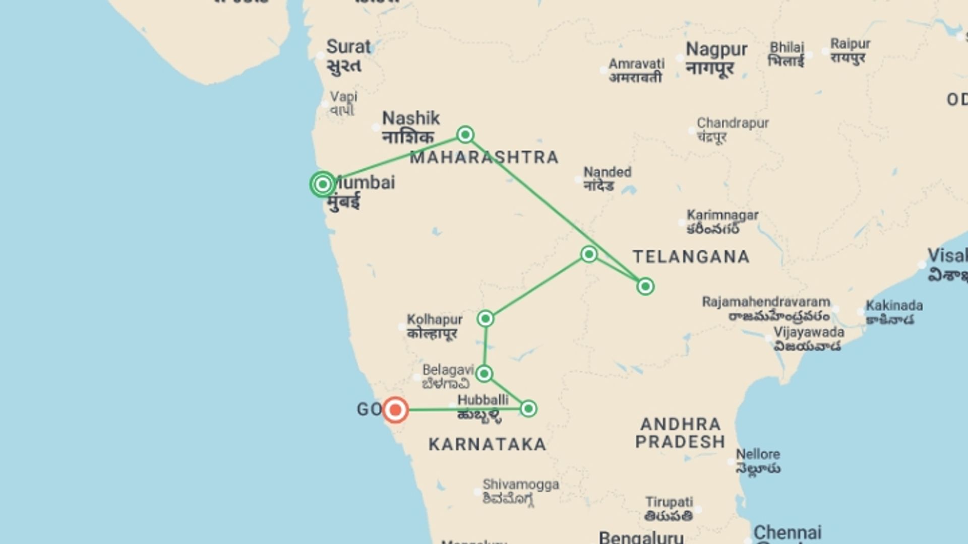 A map showing the tour itinerary for the trip: Treasures of Central India, starting in Mumbai, India and ending in Goa, India going through 6 other destinations.