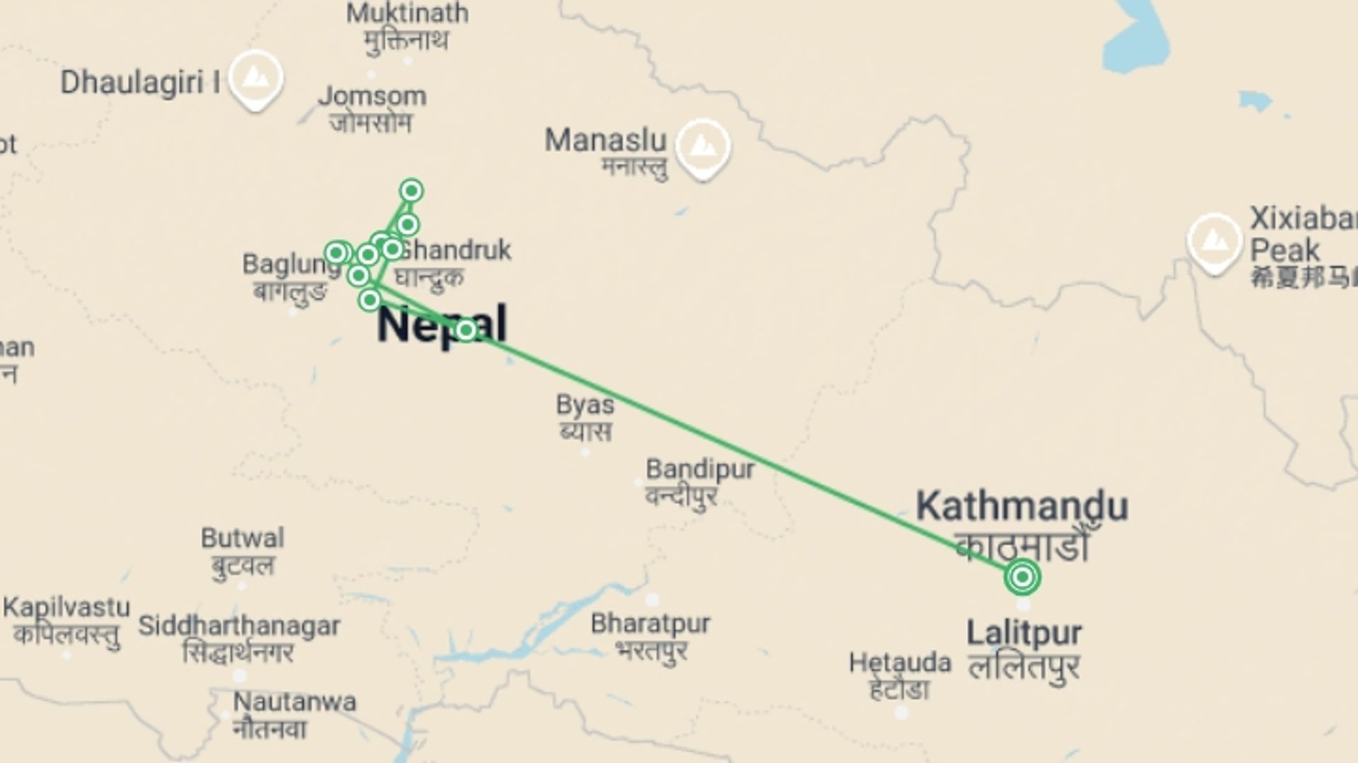 A map showing the tour itinerary for the trip: Annapurna Base Camp Trek, starting in Kathmandu, Nepal and ending in Kathmandu, Nepal going through 10 other destinations.