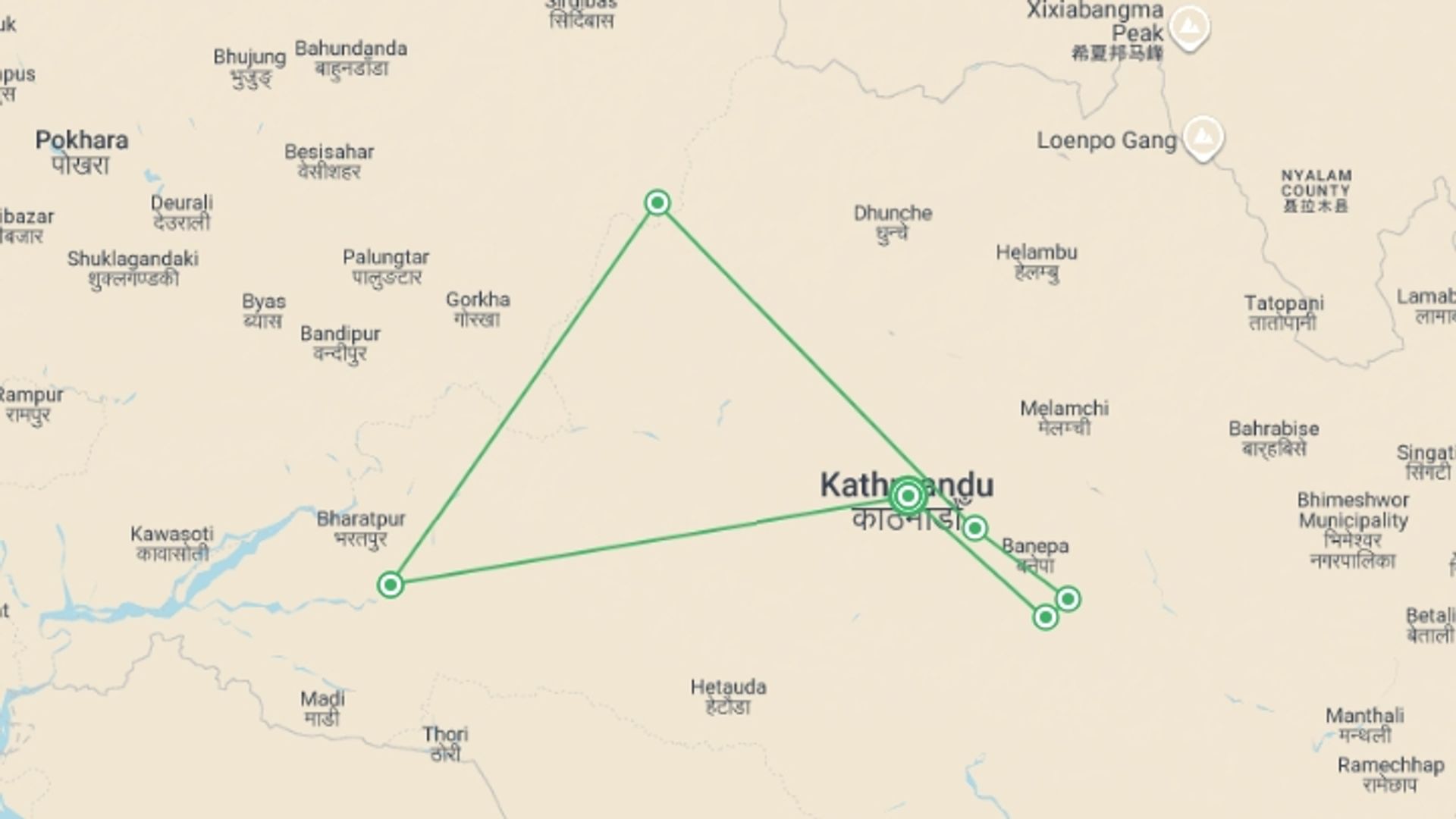 A map showing the tour itinerary for the trip: Nepal Adventure, starting in Kathmandu, Nepal and ending in Kathmandu, Nepal going through 5 other destinations.