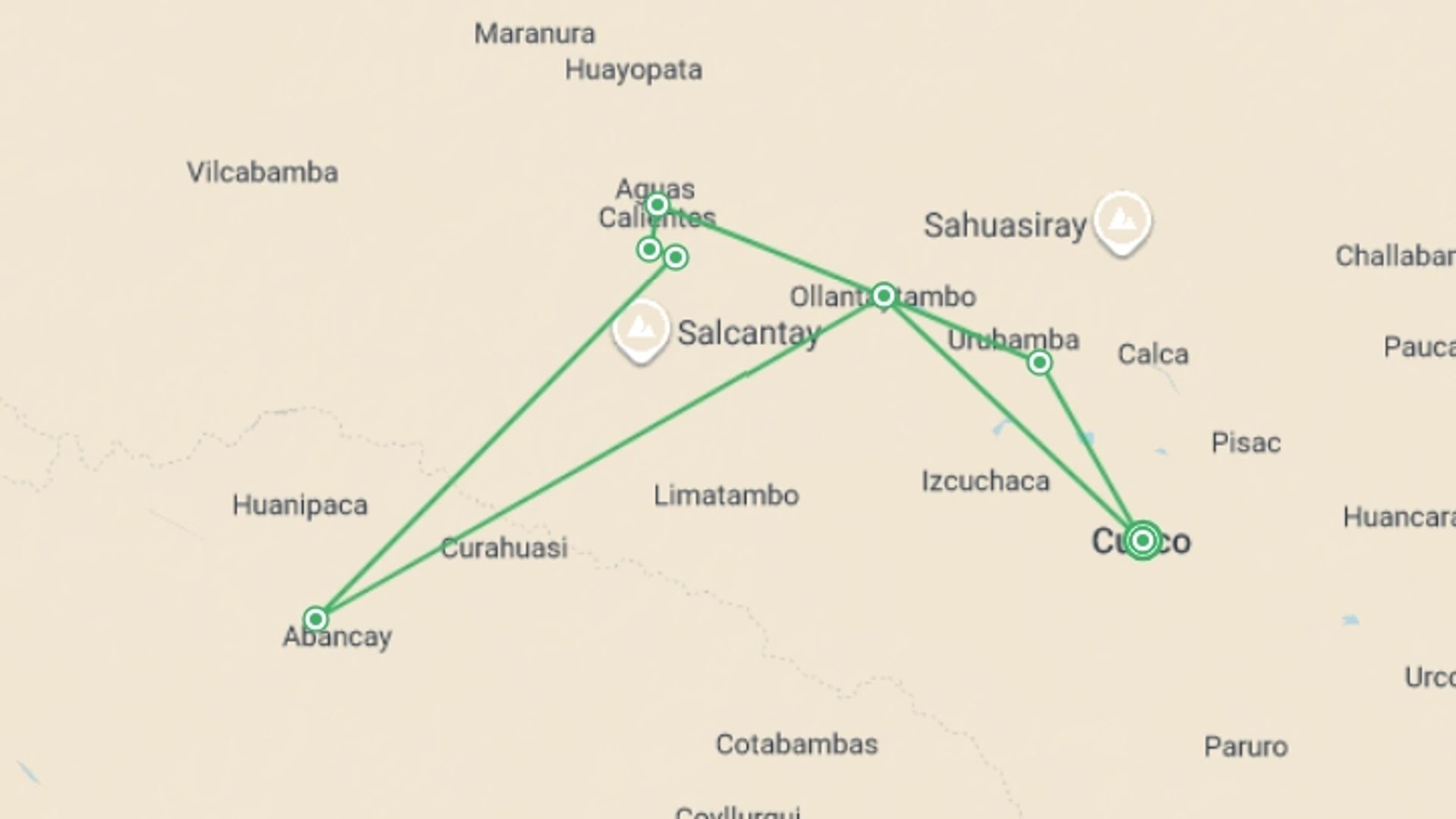 A map showing the tour itinerary for the trip: Glamping on the Inca Trail, starting in Cusco, Peru and ending in Cusco, Peru going through 5 other destinations.