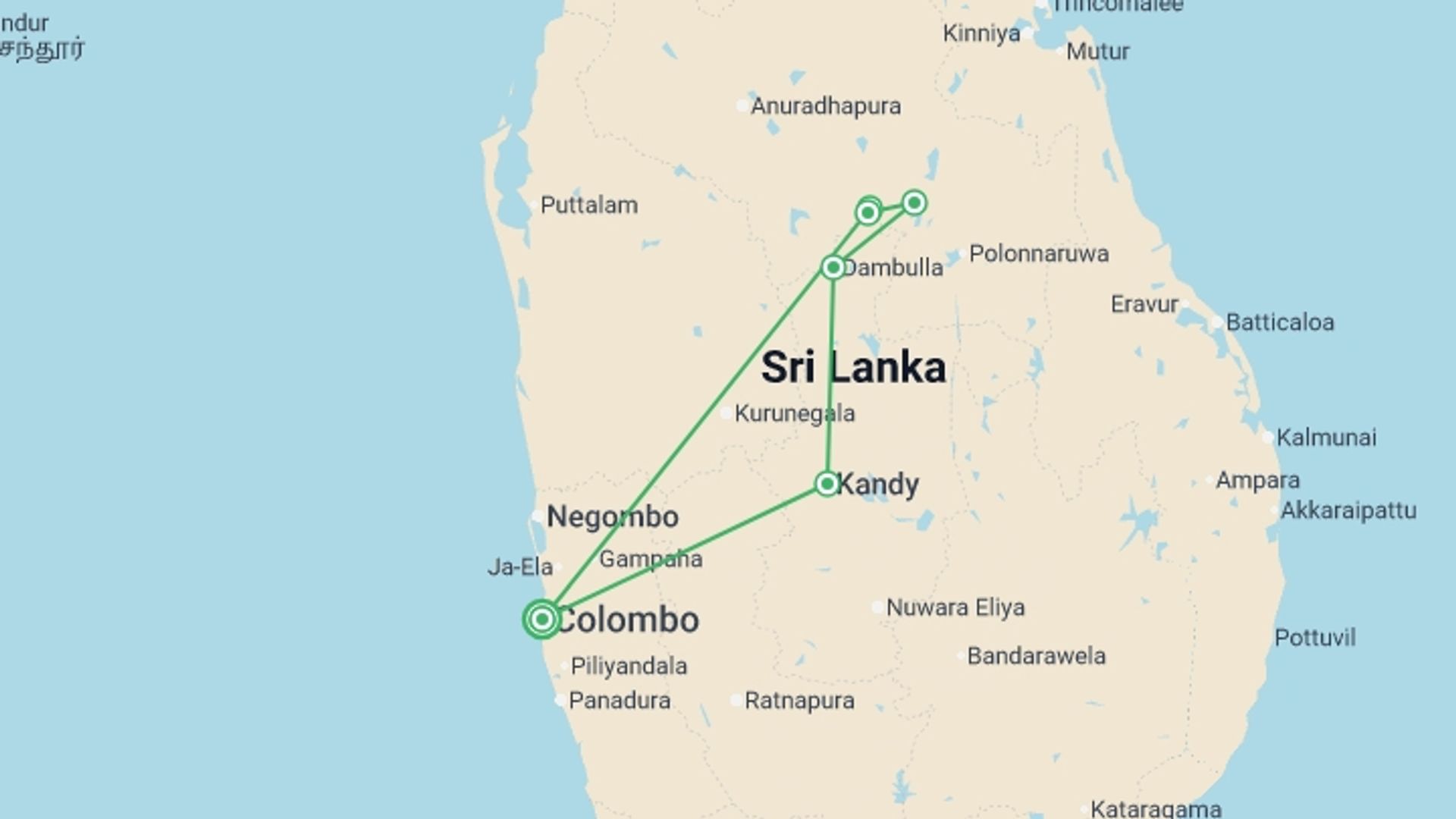 A map showing the tour itinerary for the trip: Sri Lanka Experience 5D/4N, starting in Colombo, Sri Lanka and ending in Colombo, Sri Lanka going through 3 other destinations.