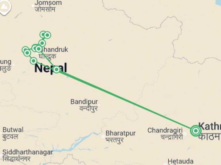 Map itinerary of Nepal Tour in February 2027 with 12 destination visits for the trip: Annapurna Sanctuary Trek