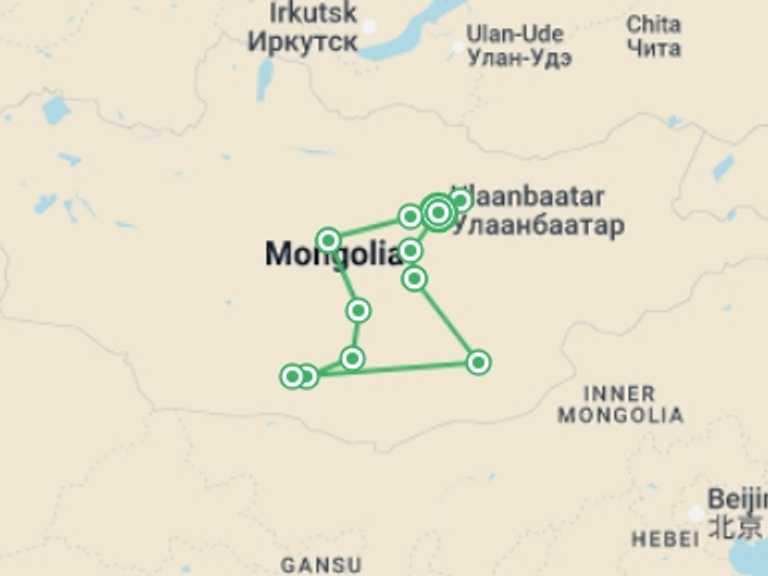 Map of Asia Tour with 11 destination visits for the trip: Naadam and Gobi Desert Explorer 