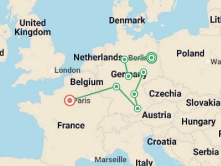 Map of Europe Explorer Tour with 8 destination visits for the trip: Full Germany Circuit, Ending in Paris