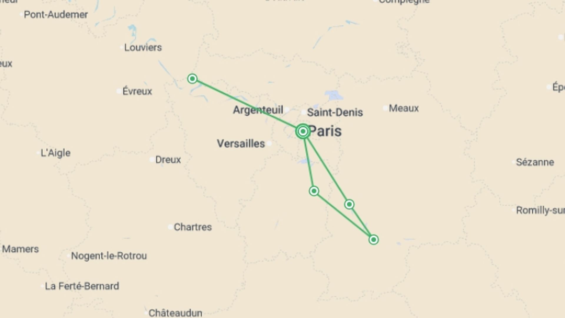 A map showing the tour itinerary for the trip: Little Gems of the Seine: Between Bucolic Stopovers and Royal Shores The Majestic Seine Aboard a Paddle-Wheel Boat (port-to-port cruise), starting in Paris, France and ending in Paris, France going through 3 other destinations.