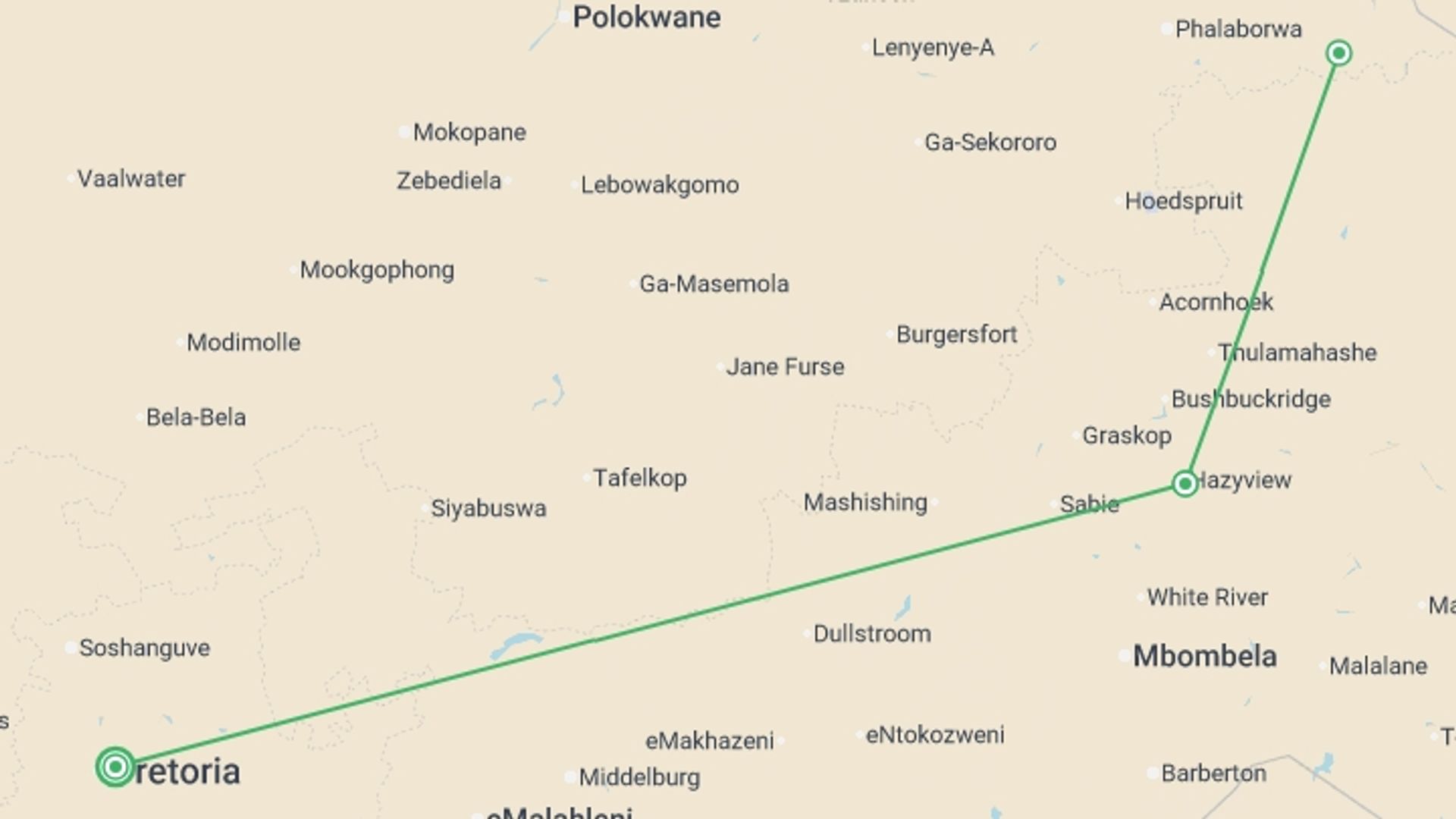 A map showing the tour itinerary for the trip: 4-day Kruger Safari Camping, starting in Pretoria, South Africa and ending in Pretoria, South Africa going through 2 other destinations.