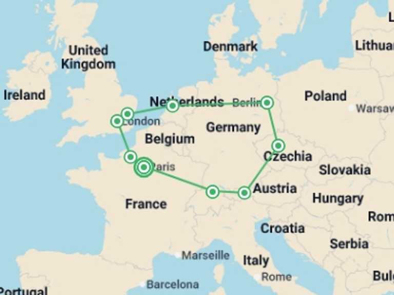 Map itinerary of France Tour in May 2026 with 9 destination visits for the trip: Paris, London and Central Capitals