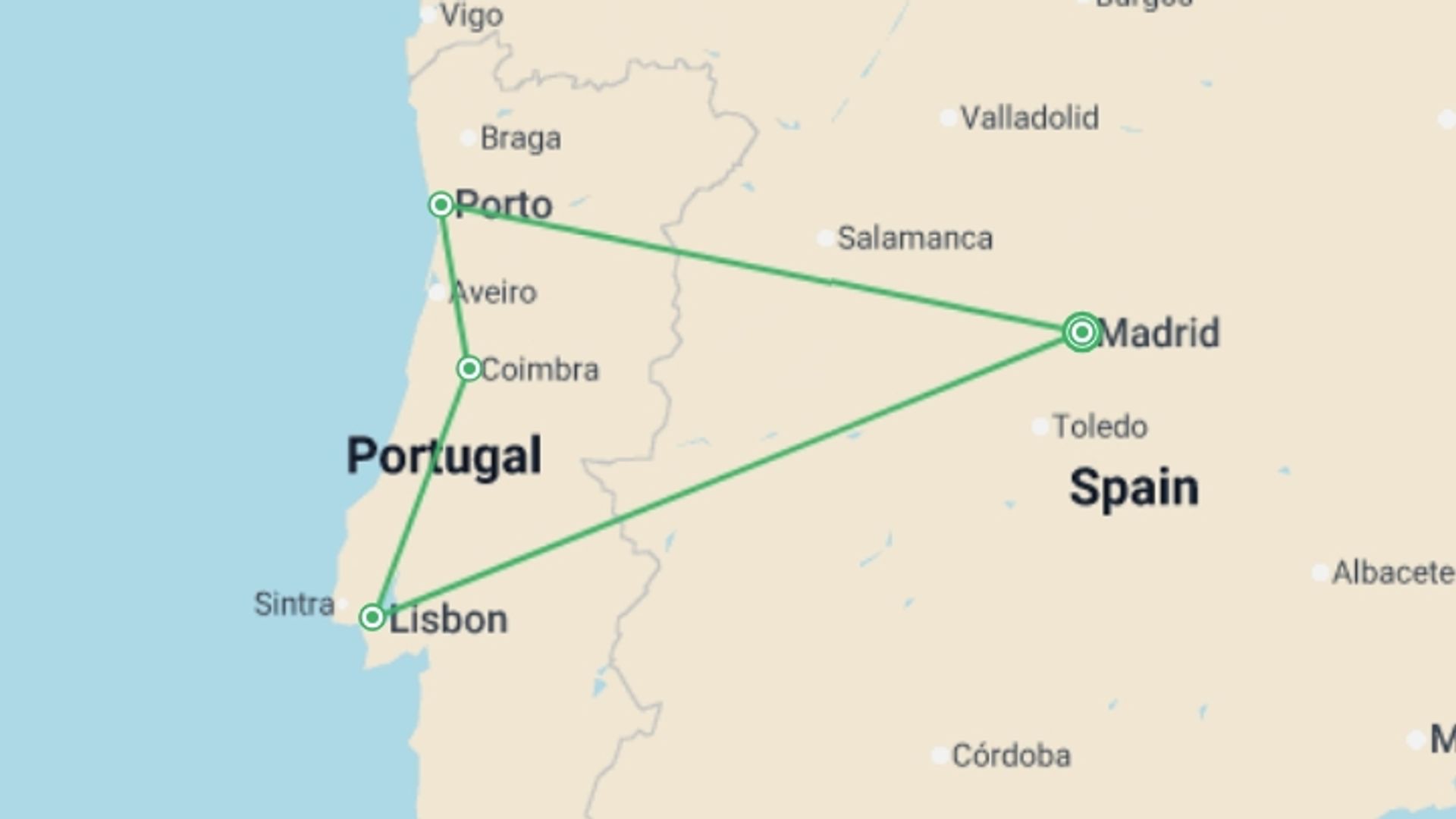 A map showing the tour itinerary for the trip: Portuguese Fado, starting in Madrid, Spain and ending in Madrid, Spain going through 3 other destinations.