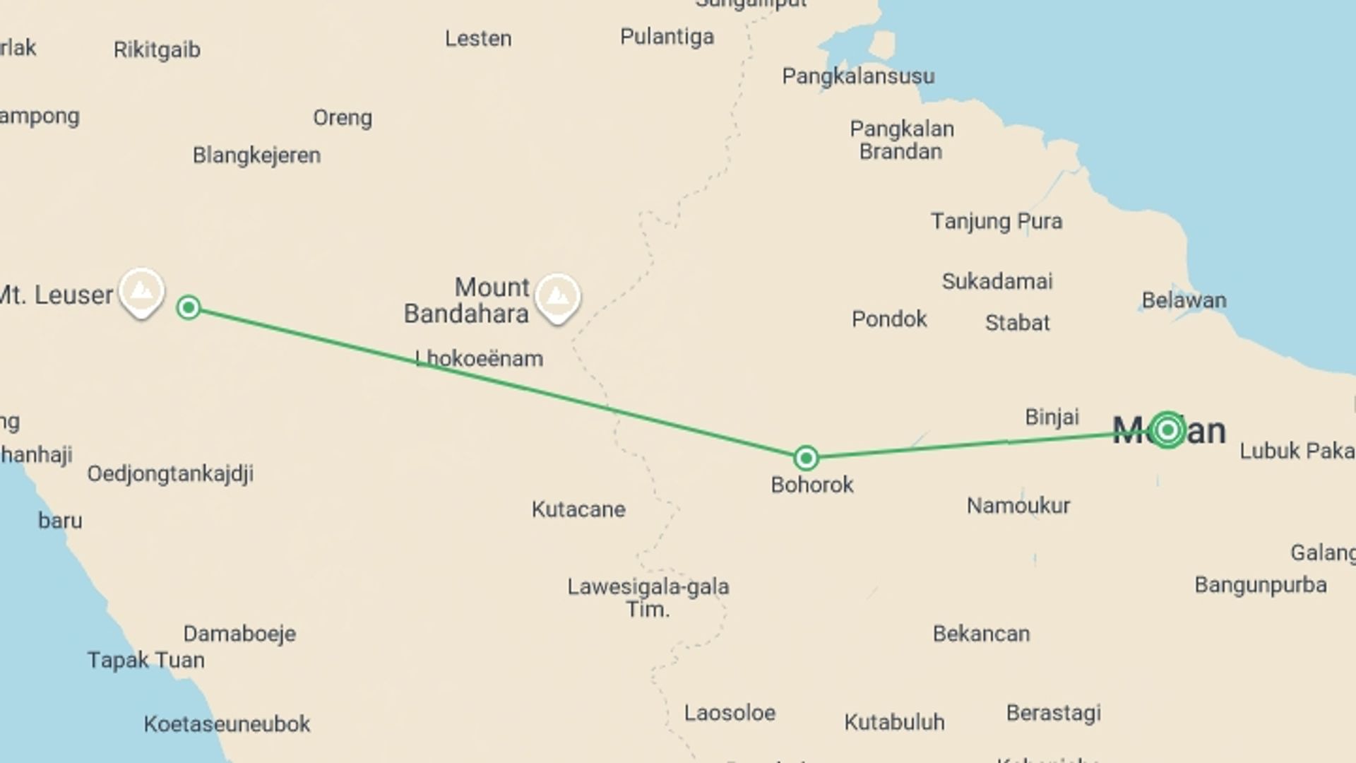 A map showing the tour itinerary for the trip: Sumatra’s Wild Side: Orangutans, Rivers & Rural Life, starting in Medan, Indonesia and ending in Medan, Indonesia going through 2 other destinations.