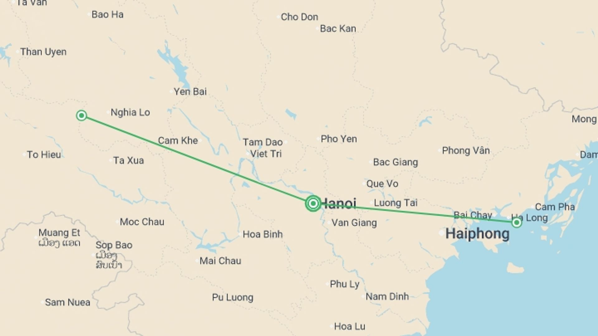 A map showing the tour itinerary for the trip: Northern Vietnam Highlights - 6 days, starting in Hanoi, Vietnam and ending in Hanoi, Vietnam going through 2 other destinations.