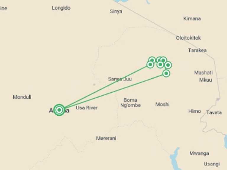 Map itinerary of Tanzania Tour in April 2027 with 7 destination visits for the trip: 6-Days Kilimanjaro Machame Route