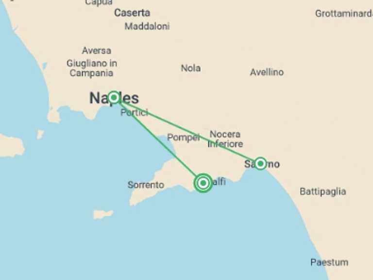 Map of Europe Tour with 3 destination visits for the trip: Campania Delights: Pompeii and the Amalfi Coast