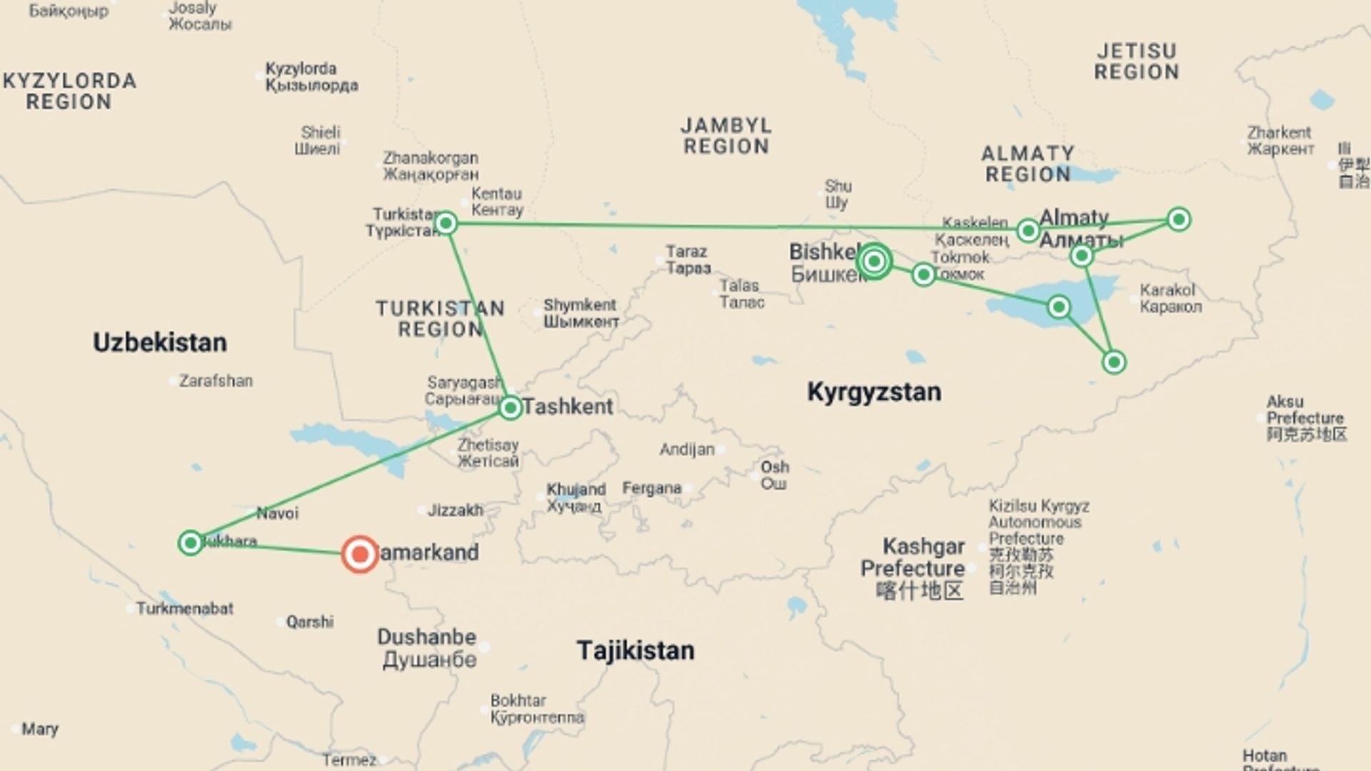 A map showing the tour itinerary for the trip: The Three Stans of The Silk Road, starting in Bishkek, Kyrgyzstan and ending in Samarkand, Uzbekistan going through 9 other destinations.