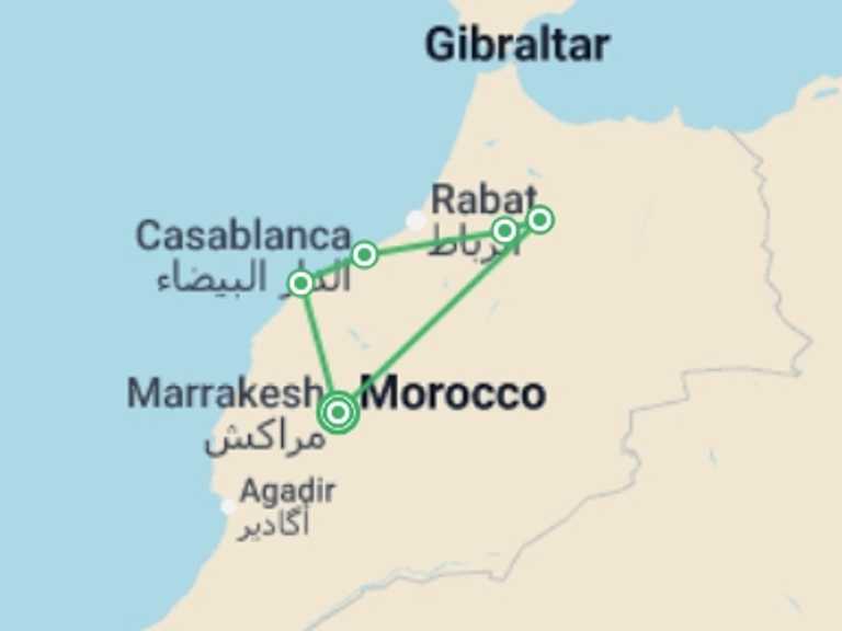 Map of Africa Tour with 3 destination visits for the trip: Marrakech, Ouarzazate & Erfoud - 8 days 