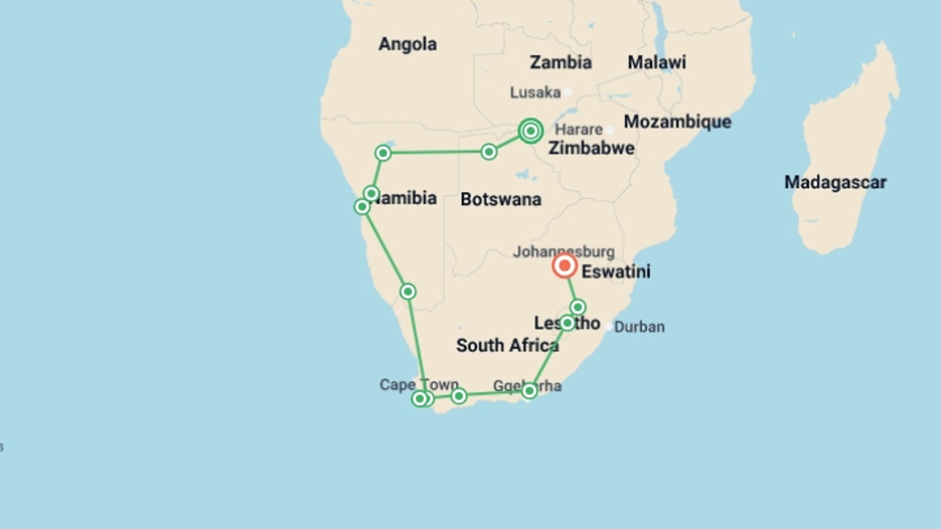 A map showing the tour itinerary for the trip: Victoria Falls To Johannesburg (40 Days), starting in Victoria Falls, Zimbabwe and ending in Johannesburg, South Africa going through 12 other destinations.